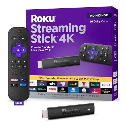 Roku Streaming Stick 4K | Portable Roku Streaming Device 4K/HDR/Dolby Vision, Roku Voice Remote, Free & Live TV