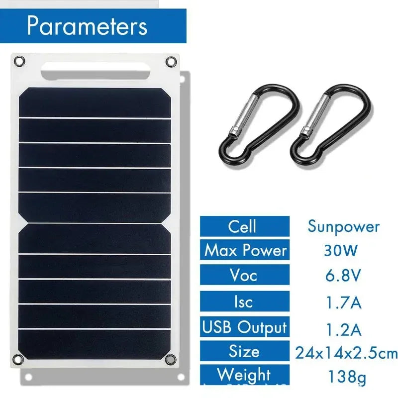 30W Solar Panel with USB Waterproof Outdoor Hiking and Camping Portable Battery Mobile Phone Charging Bank Charging Panel 6.8V