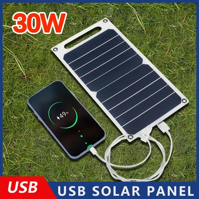 30W Solar Panel with USB Waterproof Outdoor Hiking and Camping Portable Battery Mobile Phone Charging Bank Charging Panel 6.8V